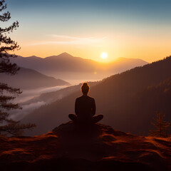 Silhouette of a person meditating on a hill at sunset