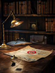 mysterious classified document, lying on a wooden desk, with a vintage brass lamp illuminating it from above, creating strong shadows and contrast. The document has a red 'Classified' stamp on it