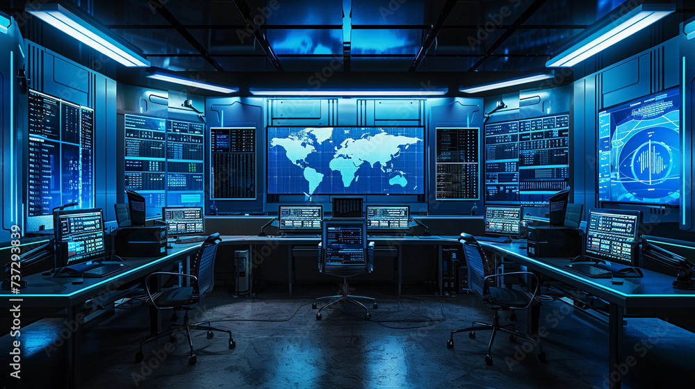Aufkleber security room with multiple monitors displaying various confidential data, soft blue ambient lightin