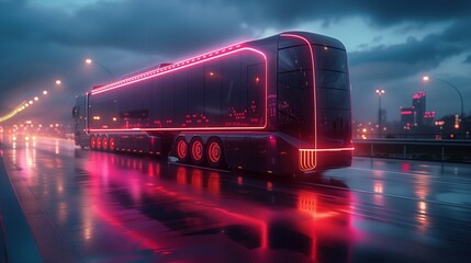 autonomous truck with cargo trailer drives at night on the road with sensors scanning the surroundings. Special Techniques of Self-driving Trucks to the Digital Expressway. - obrazy, fototapety, plakaty
