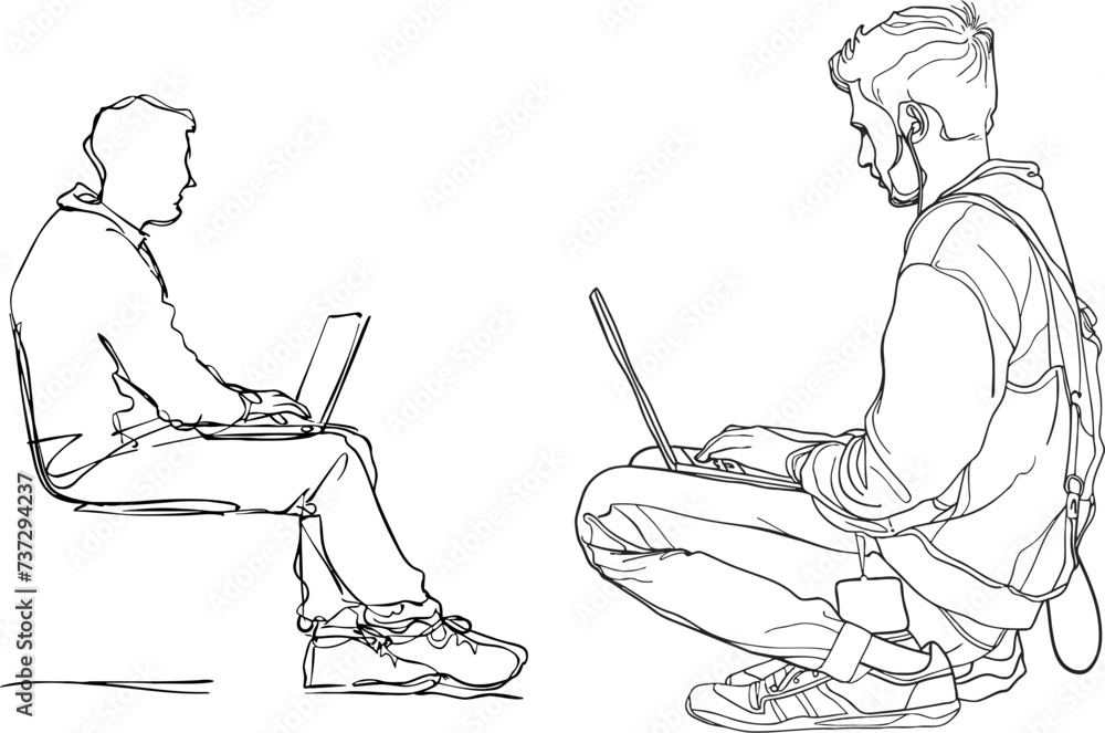 Poster continuous line drawing of man sitting with laptop computer
