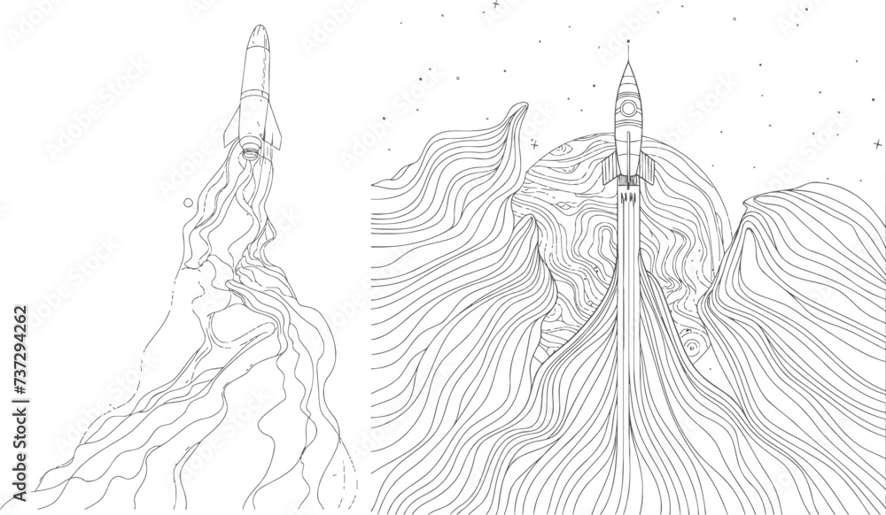 Aufkleber one continuous line drawing of simple retro spacecraft flying up to the outer space nebula