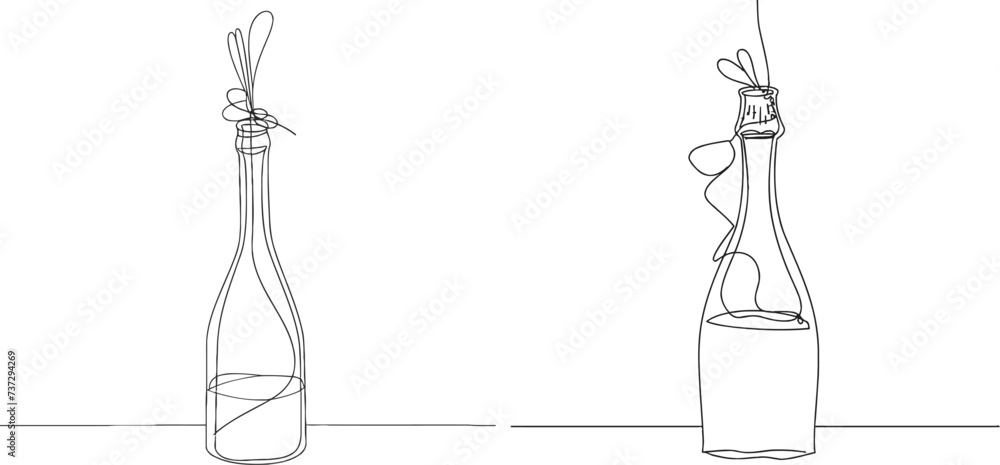 Poster one line drawing of isolated vector object - champagne bottle with shooting cork