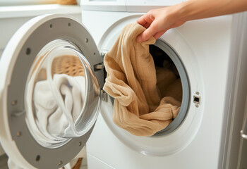 A female hand put clothes and closes the door of a white automatic washing machine in a bathroom, suggesting housekeeping and the use of household appliances.