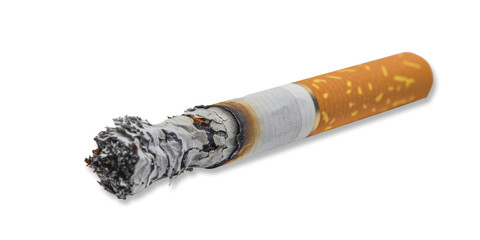An almost burned out cigarette, transparent or isolated on white background
