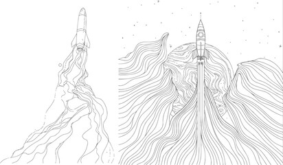 One continuous line drawing of simple retro spacecraft flying up to the outer space nebula