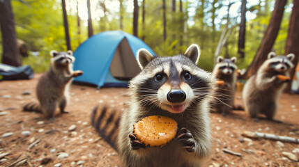 Naklejka premium A group of crafty intelligent raccoons enjoy a nice meal at a raided campsite at the owners expense