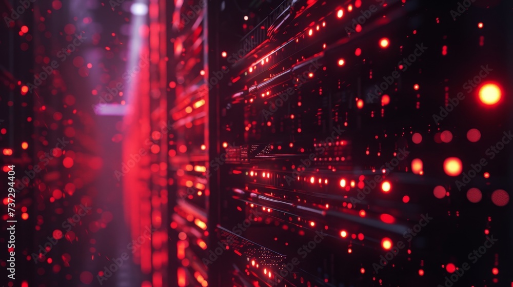 Aufkleber A data center with abstract digital warehouse technology. Cloud computing room. Server farm connected to internet. Network connection lights. Information exchange lights.