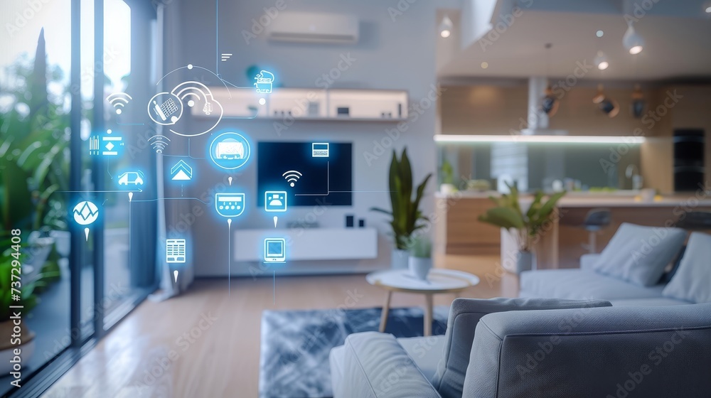 Aufkleber Smart home and IOT system development. Establishing a work scenario for the Internet of Things in a domestic house. Developing an app that can control IOT devices using smartphones.