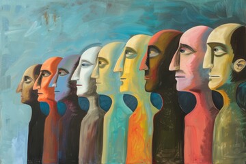 Painting of a Group of Peoples Heads. Generative AI.