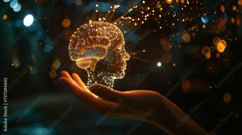 Poster EM. Electronic brain. Graph of human head with artificial intelligence hanging over hand. Cybernetic neural network. Machine learning concept.