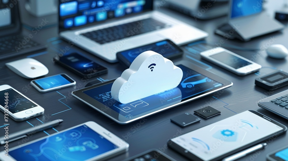 Fototapete Cloud technology. Computer storage in a data center via the internet. Internet of Things. Smart home. Communication from laptops, tablets, phones, and domestic devices through an online database.