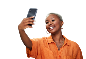 Selfie, smile and black woman for social media, blog and isolated on transparent png background. Female person, happy and influencer with profile picture, live streaming and mobile app for update