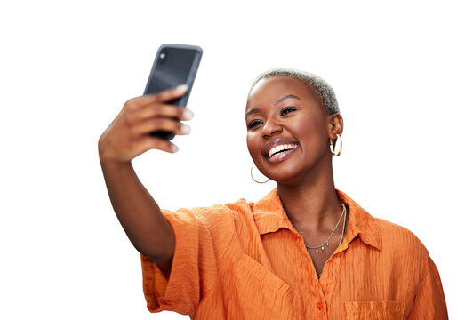 Selfie, smile and black woman for social media, blog and isolated on transparent png background. Female person, happy and influencer with profile picture, live streaming and mobile app for update
