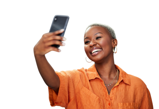 Selfie, smile and black woman for social media, blog and isolated on transparent png background. Female person, happy and influencer with profile picture, live streaming and mobile app for update