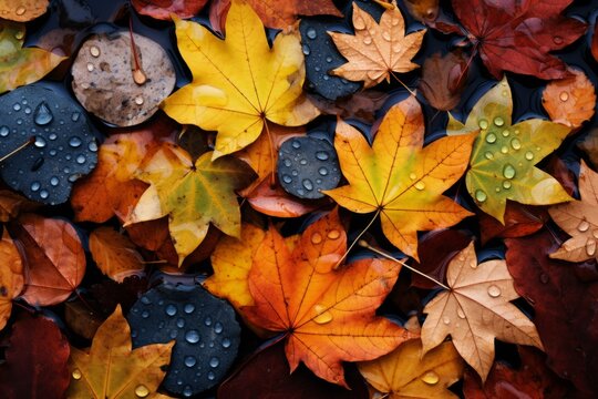 A macro shot of a kaleidoscope of falling autumn leaves