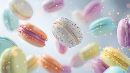 Colorful macarons floating on the air