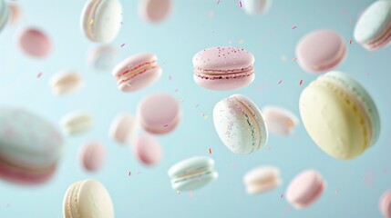 Colorful macarons floating on the air