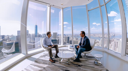 deux hommes d'affaires discutant dans un bureau vitré donnant sur la ville - obrazy, fototapety, plakaty