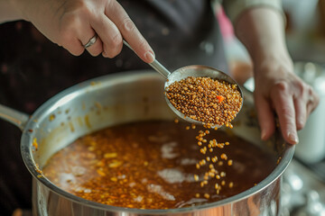 A woman scooping spoonfuls of amaranth grains into a simmering pot of vegetable broth, capturing the process of cooking.