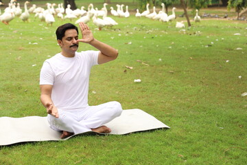 Happy Indian man doing yoga early morning in a tranquil environment surrounded with lush green serene atmosphere. high concentration level.  Anulom vilom 