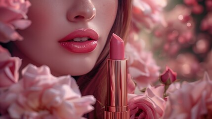 The woman's face, tender pink lips, surrounded by pink roses in the forest. For advertising.