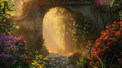 secret garden at dawn, dew on vibrant flowers, hidden pathways, soft morning light creating a serene ambiance