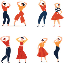 Stylish women posing different outfits, retro fashion. Confident female figures casual elegant clothing, modern style vector illustration