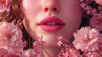 The woman's face, tender pink lips, surrounded by pink roses in the forest. For advertising.
