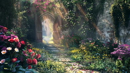 secret garden at dawn, dew on vibrant flowers, hidden pathways, soft morning light creating a serene ambiance - obrazy, fototapety, plakaty
