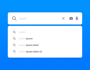 Search Bar with suggestions for UI UX design and web site. Search Address and navigation bar icon. Collection of search form templates for websites. Search engine web browser window template.