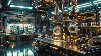 secret laboratory with futuristic technology, glowing equipment, intricate machinery, a mysterious experiment in progress