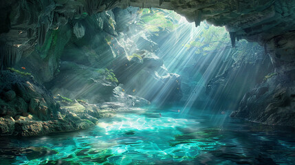 secret ocean cave, bioluminescent algae on cave walls, clear turquoise water, details of marine...