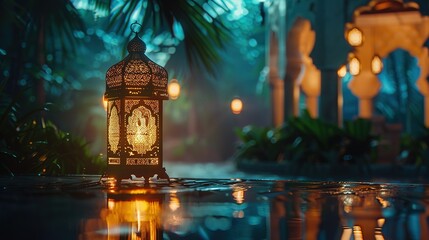 Ramadan Kareem lantern with lightning background.