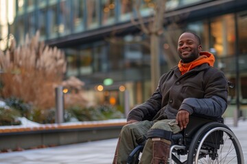 Obraz premium Empowering Diversity: Smiling Man in Wheelchair Engaged in Office Work, Exuding Pride & Inclusivity. Workplace Accessibility & Equality