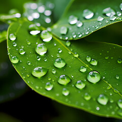 Water droplets on a fresh green leaf.