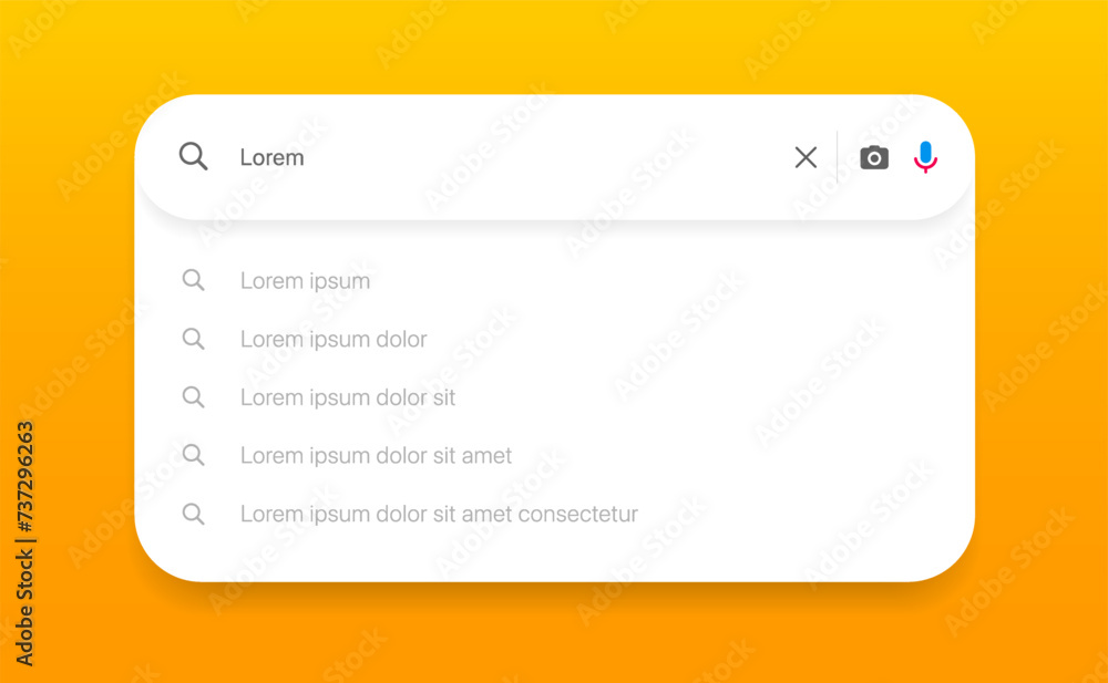 Poster Search Bar with suggestions for UI UX design and web site. Search Address and navigation bar icon. Collection of search form templates for websites. Search engine web browser window template.