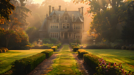 A historic mansion, with meticulously landscaped gardens as the background, during the early morning mist