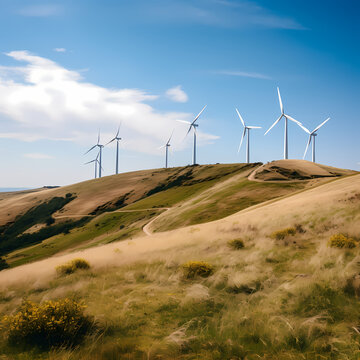 Wind turbines on a hill under a clear sky.