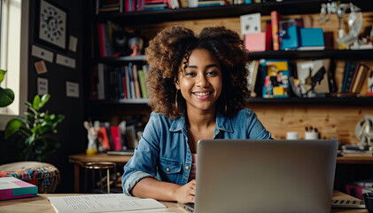 Smiling african american woman using laptop while sitting at desk in office