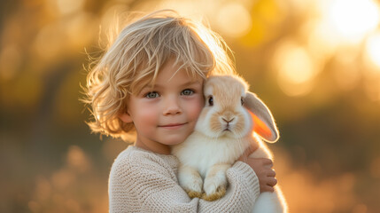 A child holding a bunny with a warm, glowing background, possibly symbolizing the holiday of Easter and the spring season. Ai generative