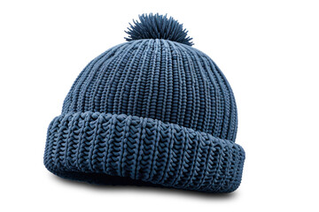 A blue knitted hat with a pom-pom, designed for women, isolated on a white background.