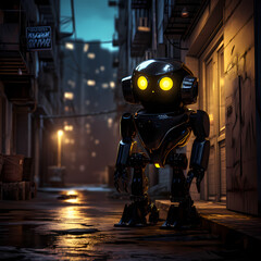 Fototapeta na wymiar A futuristic robot with glowing eyes in a dark alley