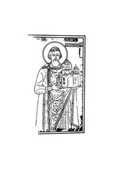 Orthodox vintage image of Saint Stefan the First- Crowned (name english). Christian illustration black and white in Byzantine style 