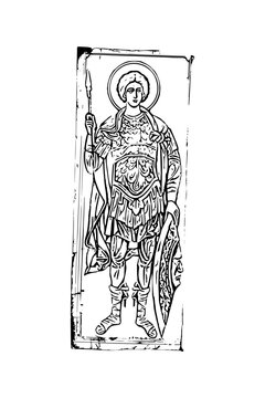 Orthodox vintage image of Saint George. Christian illustration black and white in Byzantine style 
