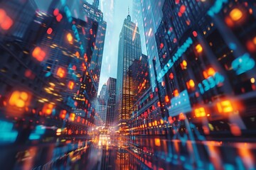 NY financial center skyscraper with hologram analysis, charts and market values. Economy, city and business. - obrazy, fototapety, plakaty