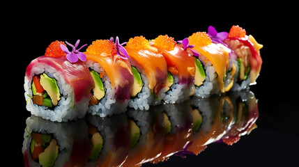 Picture a delicate nori wrap embracing a symphony of colorful vegetables, including crisp cucumber, creamy avocado, and vibrant bell peppers, sushi