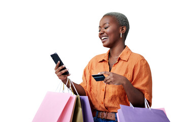 Bags, phone and black woman with a credit card, shopping and isolated on transparent png...