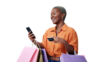 Bags, phone and black woman with a credit card, shopping and isolated on transparent png background. Female person, banking app and happy with transaction, payment and smile for promo or ecommerce