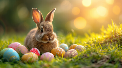 A bunny surrounded by colourful Easter eggs on grass with sunlight in the background. Ai generative